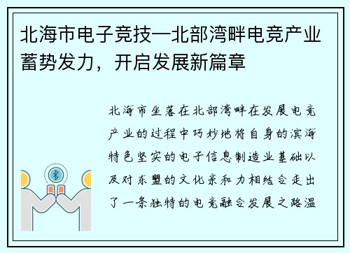 北海市电子竞技—北部湾畔电竞产业蓄势发力，开启发展新篇章
